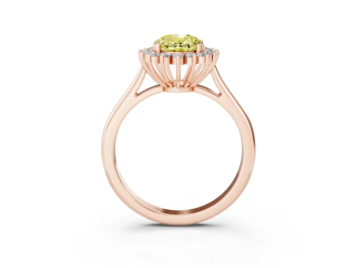 Fancy Yellow Oval Cut Cut Diamond Halo Ring with Solitaire Band and Prong Setting Rose gold