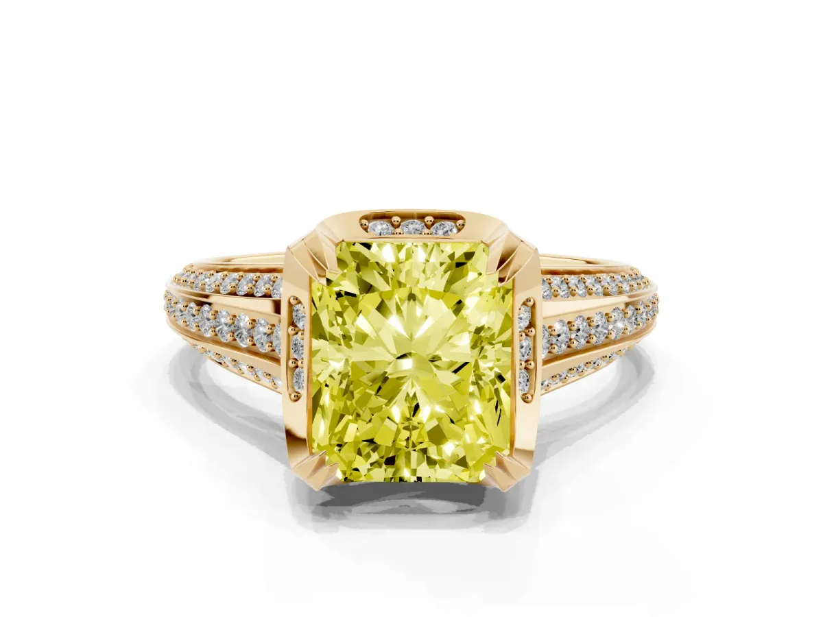 Fancy Yellow Radiant Cut Solitaire Pave Split Shank Ring with Four-Prong Setting Yellow gold