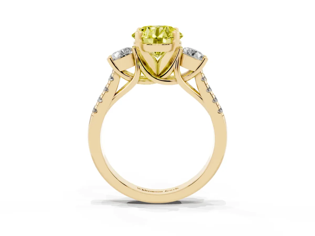 Fancy Yellow Three-Stone Round Cut Diamond Pavé Band with Four-Prong Setting Yellow gold