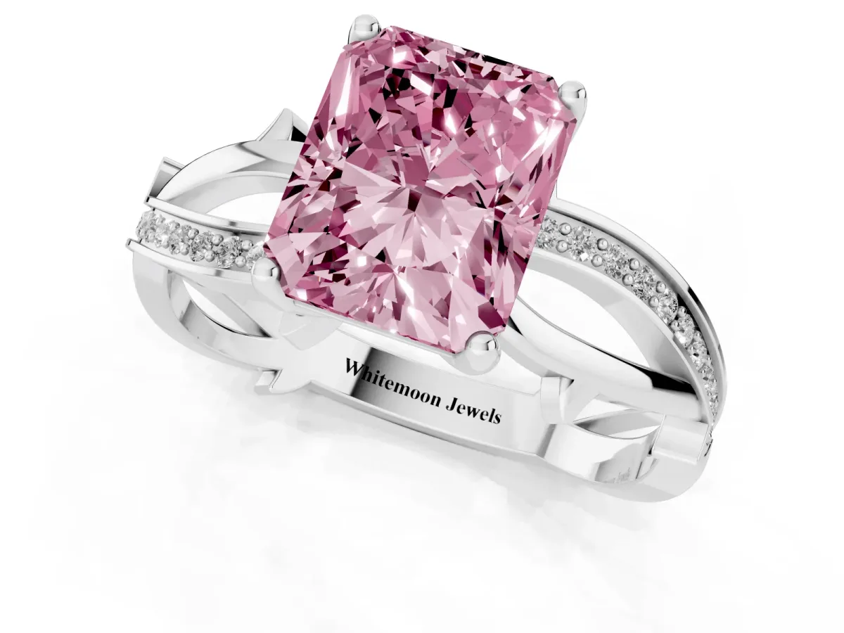 Fancy Pink Radiant Cut Solitaire Twist Band with Pavé Accents and Four-Prong Setting Silver