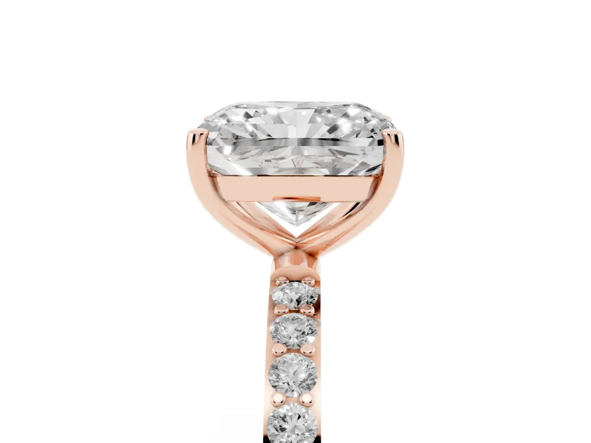 Radiant Cut Diamond Solitaire Ring with Round Pavé Shoulders and Prong Setting Rose gold