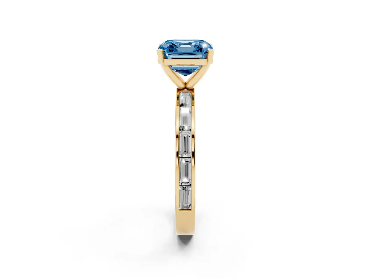 Fancy Blue Asscher Cut Solitaire Diamond Ring with Channel-Set Baguette Band and Four-Prong Setting Yellow gold