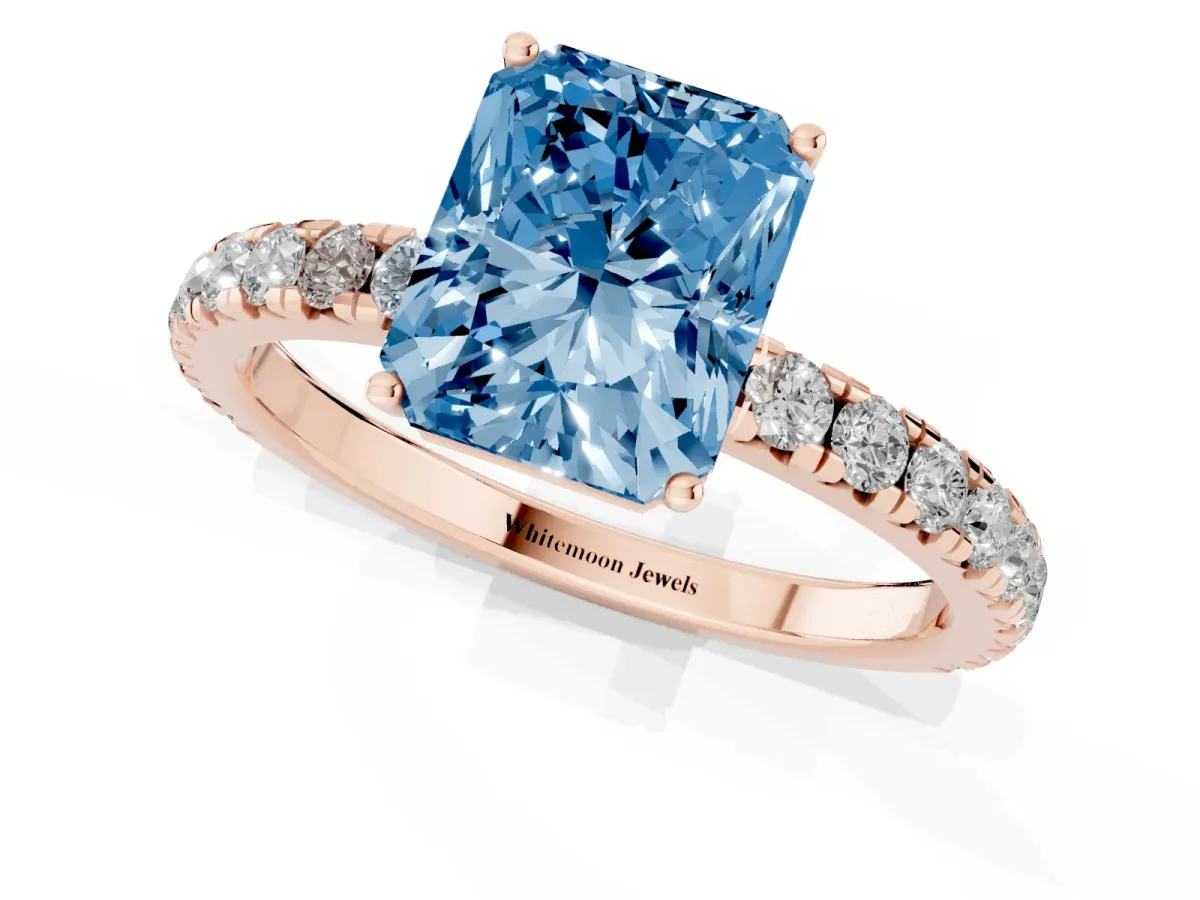 Fancy Blue Radiant Cut Diamond Pavé Solitaire Engagement Ring with Four-Prong Setting Rose gold