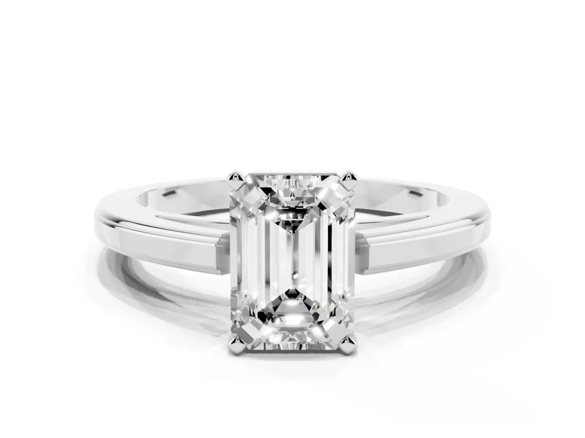 Emerald Cut Solitaire Diamond Ring with Four-Prong Setting and Classic Band Platinum