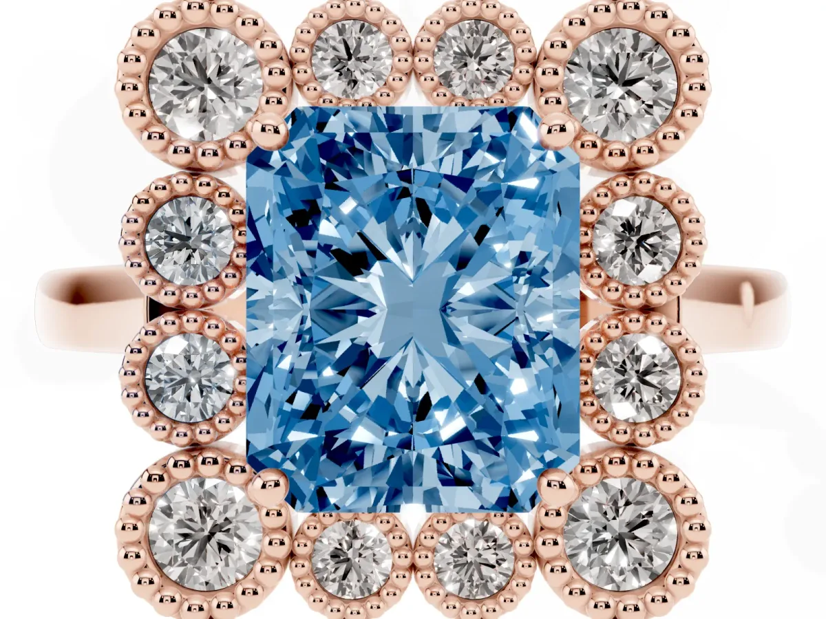 Fancy Blue Radiant Cut Halo Diamond Cluster Engagement Ring with Milgrain Bezel Setting and Solitaire Band Rose gold