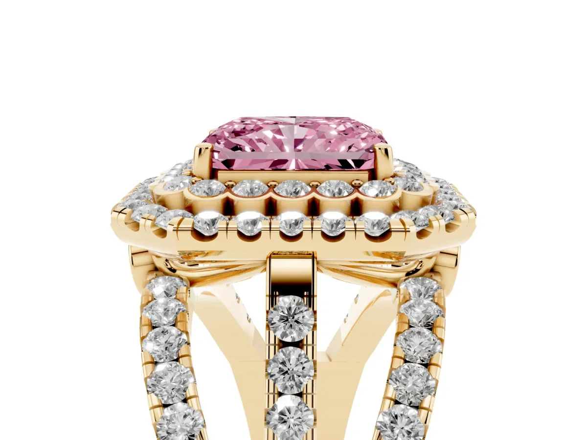 Fancy Pink Radiant Cut Diamond Double Halo Ring with Round Pavé Split Shank and Prong Setting Yellow gold