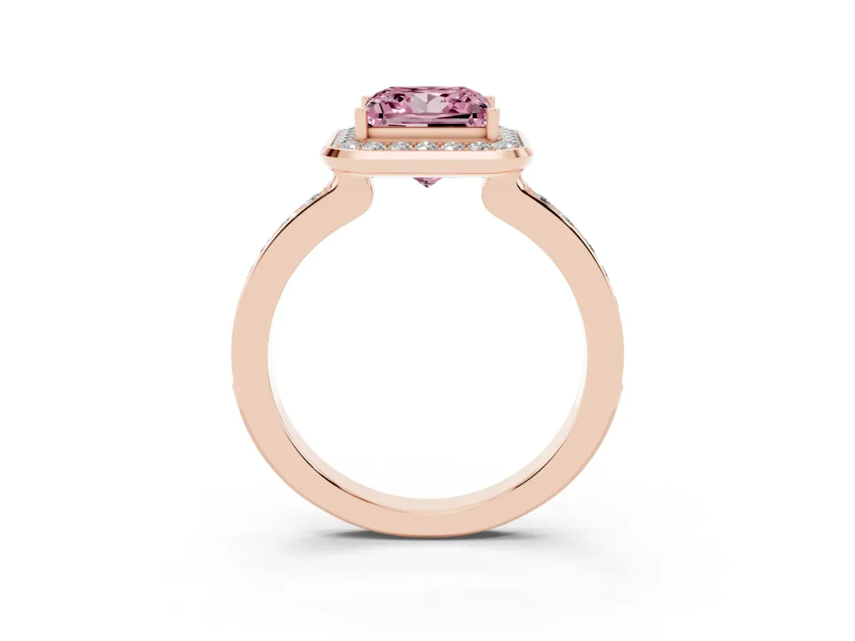 Fancy Pink Princess Cut Diamond Halo Ring with Bezel Frame and Pavé Band Rose gold