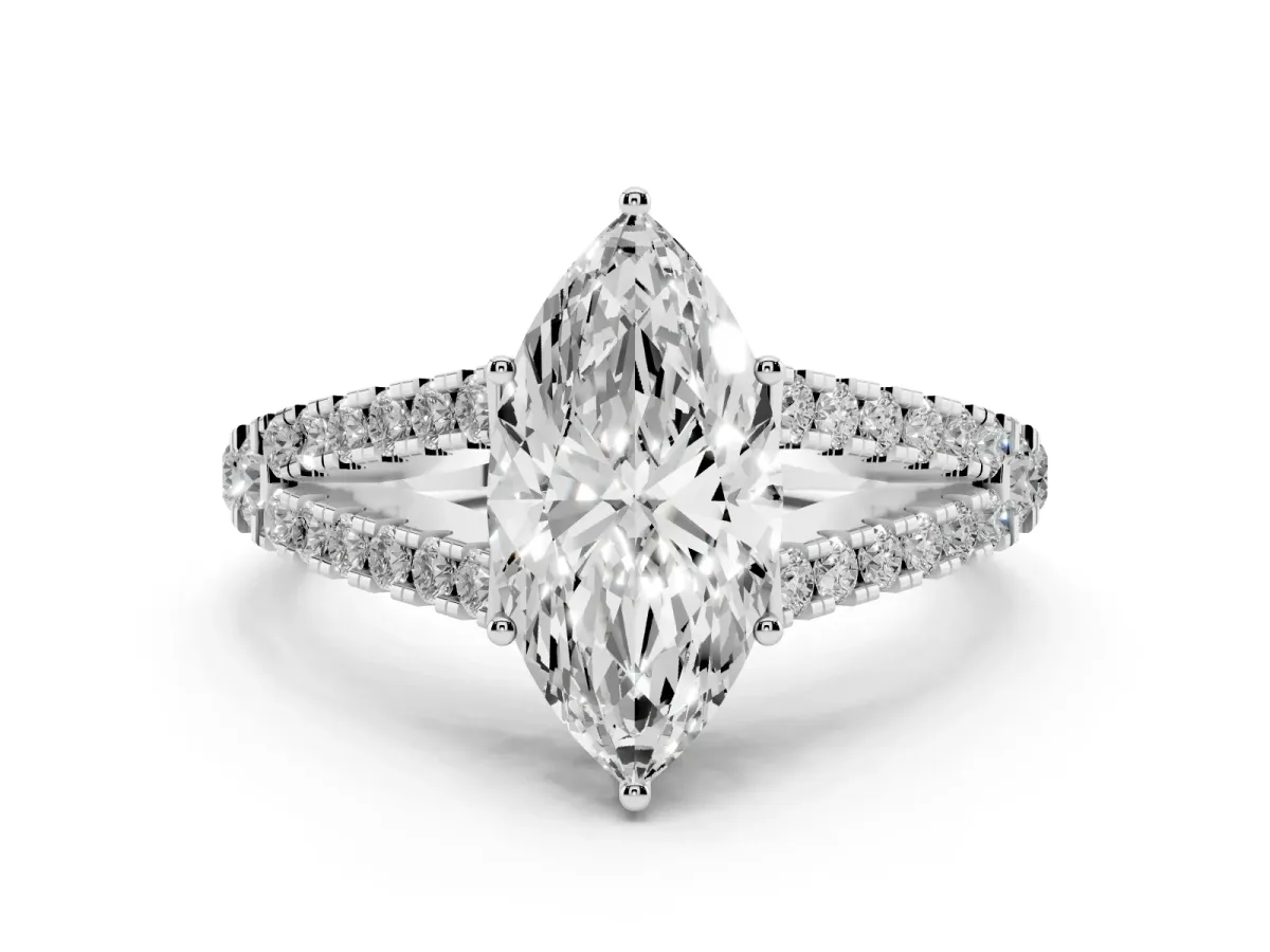 Marquise Cut Diamond Split Shank Engagement Ring with Round Pavé and Prong Setting Platinum