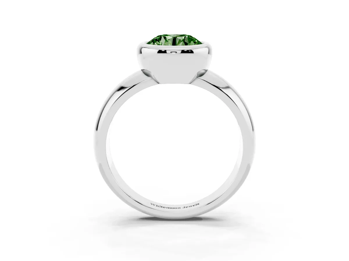 Fancy Green Bezel Set Round Cut Solitaire Ring with Wide Band Silver