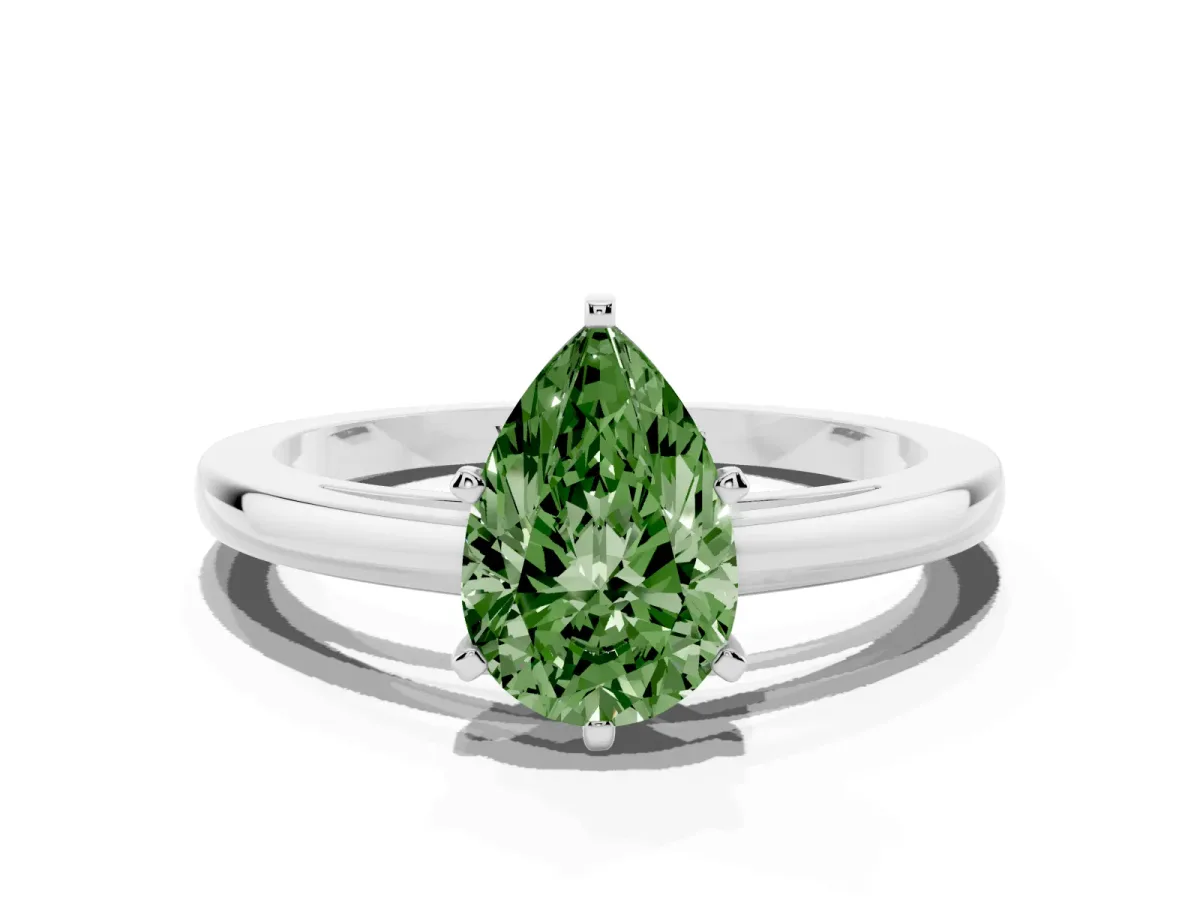 Fancy Green Pear Cut Solitaire Diamond Engagement Ring with Four-Prong Setting on a Classic Band Silver