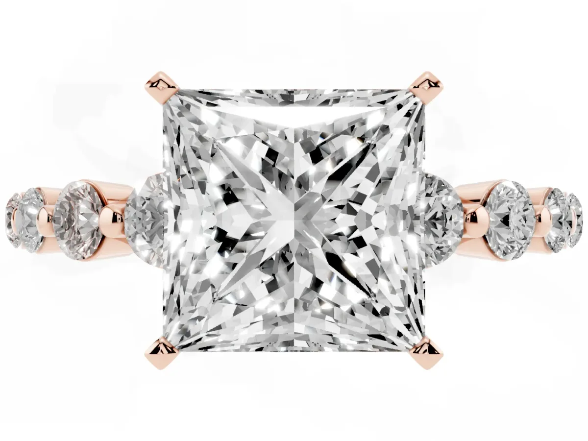 Princess Cut Solitaire Diamond Ring with Pave Band and Four-Prong Setting Rose gold