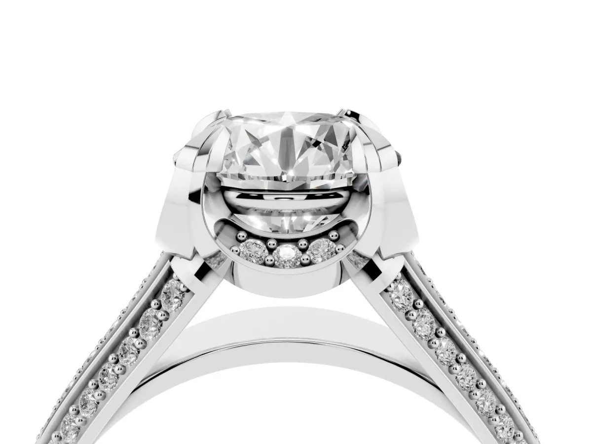 Round Cut Solitaire Pave Split Shank Ring with Four-Prong Setting Silver