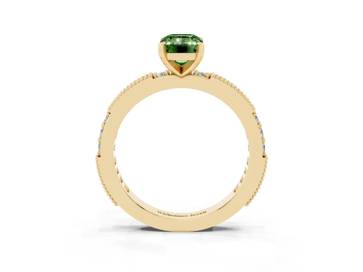 Fancy Green Emerald Cut Solitaire with Pavé Band and Four-Prong Setting Yellow gold