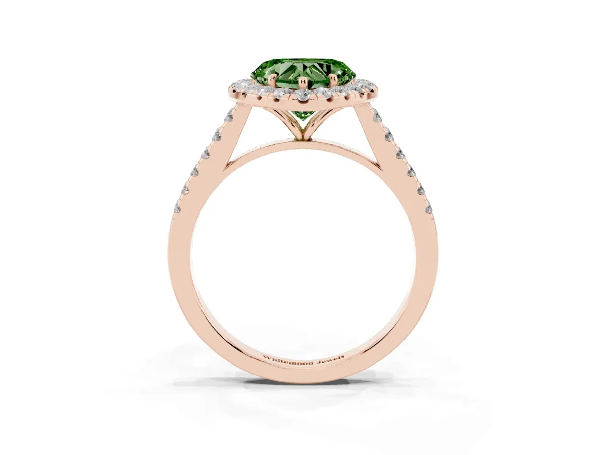 Fancy Green Heart Cut Halo Pave Diamond Engagement Ring with Four-Prong Setting Rose gold