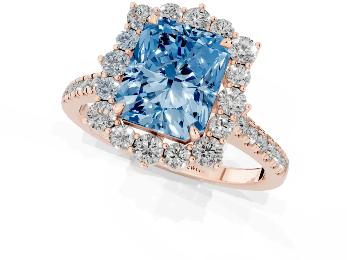 Fancy Blue Radiant Cut Halo Diamond Ring with Pavé Band and Prong Setting Rose gold