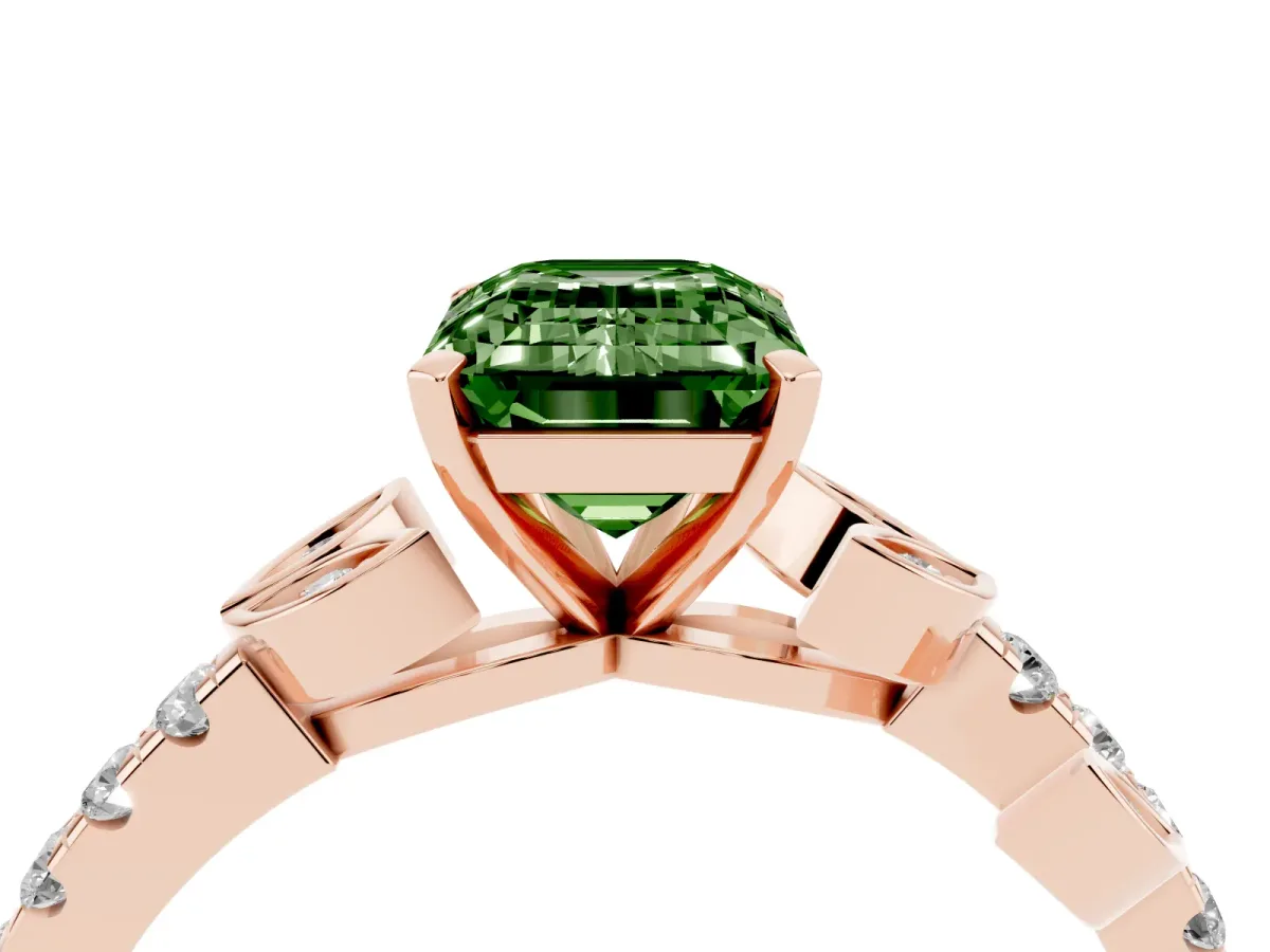 Fancy Green Emerald Cut Solitaire Leaf-Inspired Diamond Ring with Pavé Band and Four-Prong Setting Rose gold
