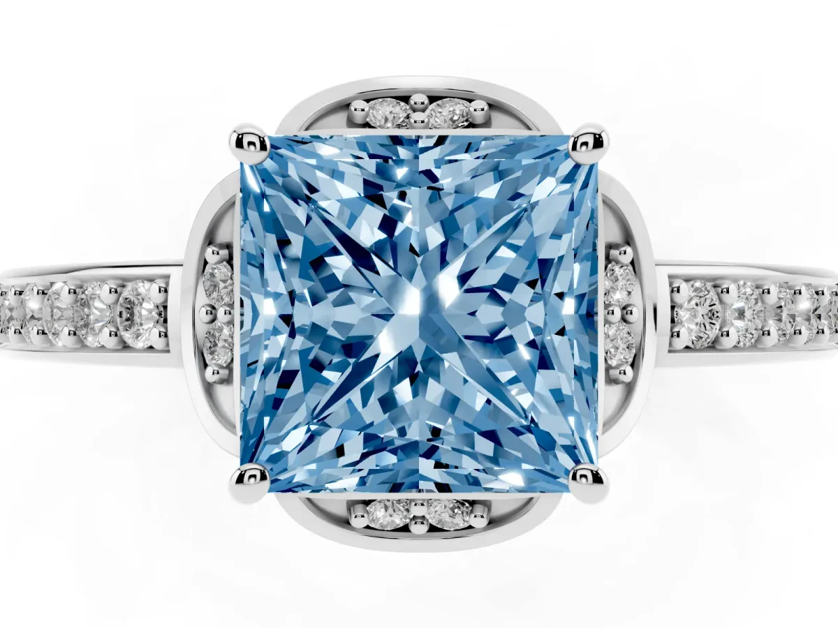 Fancy Blue Princess Cut Cut Halo Diamond Ring with Channel Set Band and Four-Prong Setting Silver