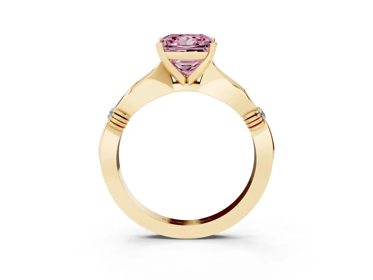Fancy Pink Princess Cut Solitaire Diamond Twisted Band with Four-Prong Setting Yellow gold
