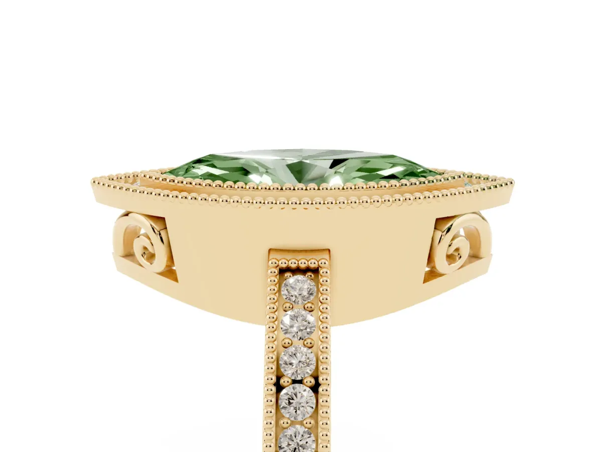 Fancy Green Marquise Cut Cut Halo Diamond Ring with Pavé Band and Milgrain Prong Setting Yellow gold
