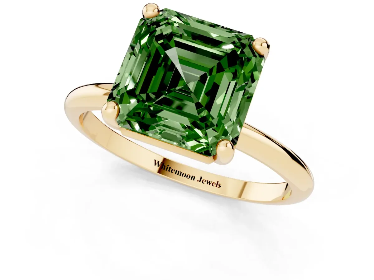 Fancy Green Asscher Cut Solitaire Diamond Ring with 4-Prong Setting on a Classic Band Yellow gold