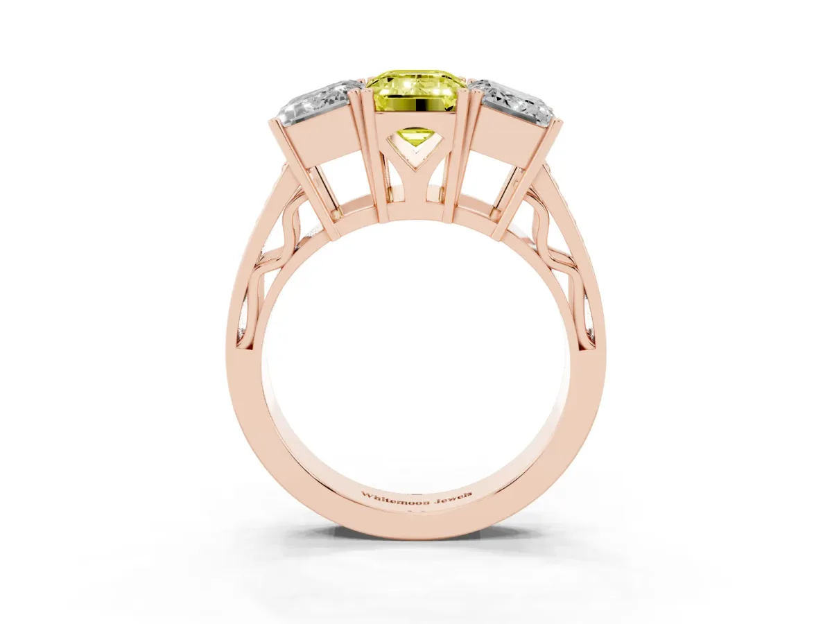 Fancy Yellow Emerald Cut Diamond Three-Stone Ring with Prong Setting and Textured Band Rose gold