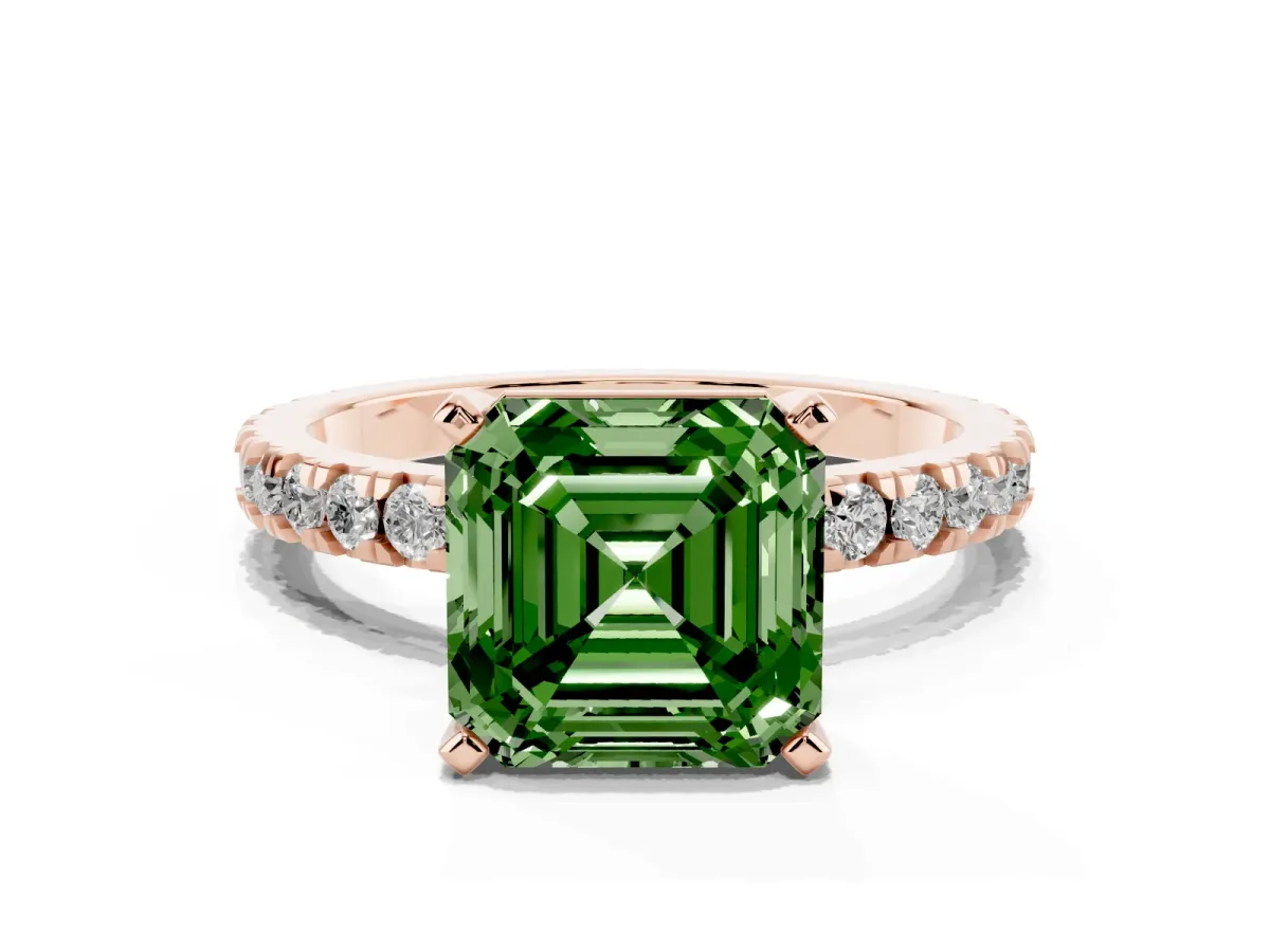 Fancy Green Asscher Cut Diamond Pavé Band Solitaire with Four-Prong Setting Rose gold