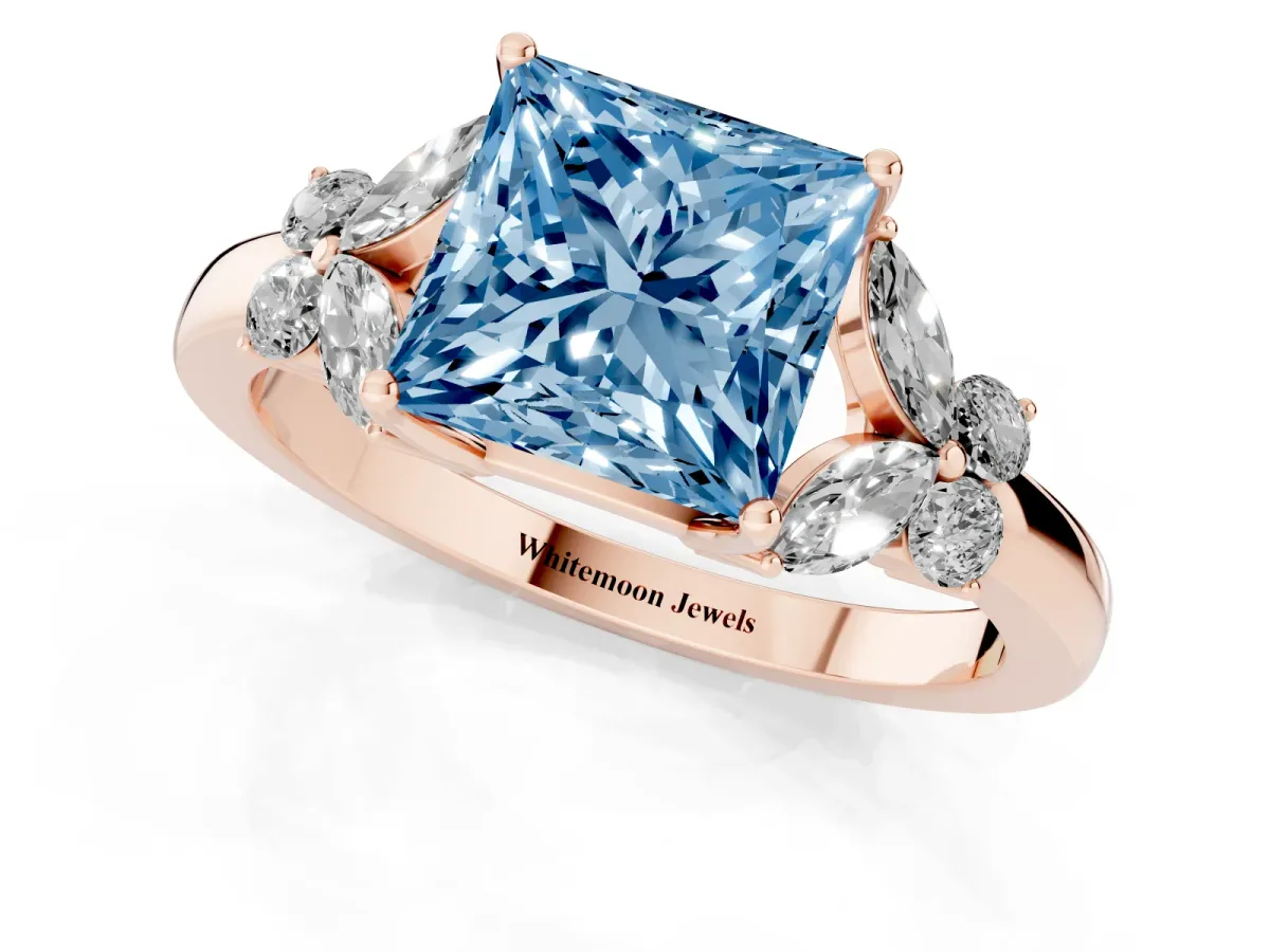 Fancy Blue Princess Cut Cut Solitaire Floral Diamond Ring with Four-Prong Setting Rose gold