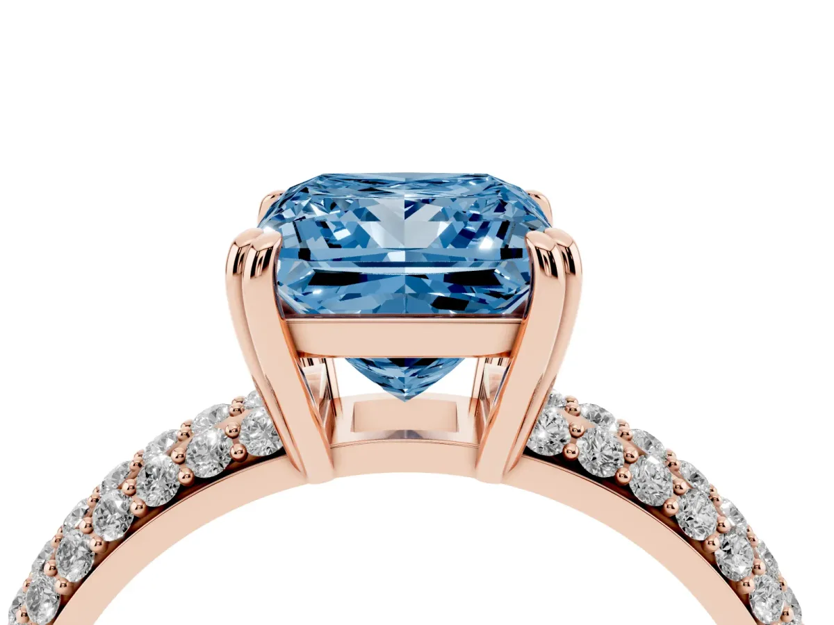 Fancy Blue Princess Cut Diamond Solitaire Ring with Multi-Row Round Pavé Band and Prong Setting Rose gold