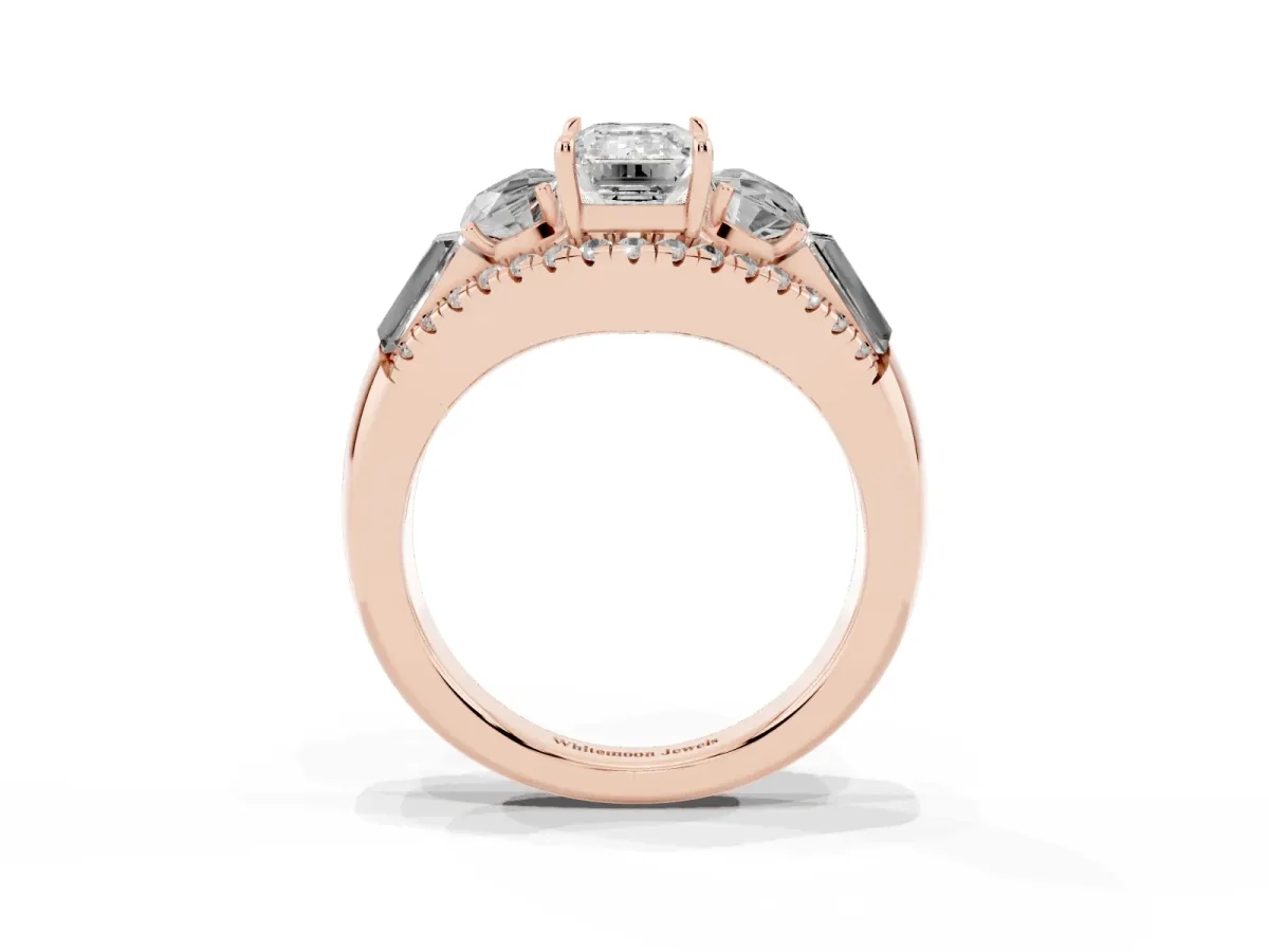 Three-Stone Emerald Cut Diamond Engagement Ring with Pave Band and Prong Setting Rose gold