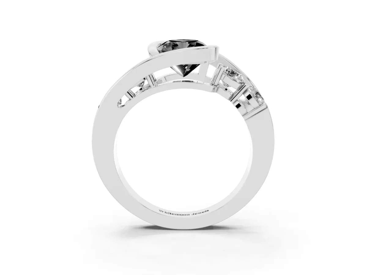 Fancy Black Bezel Set Cushion Cut Diamond Bypass Ring with Round Accents Platinum