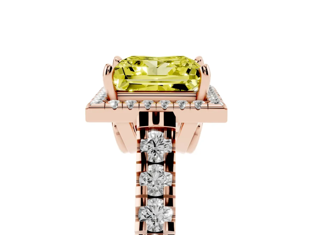 Fancy Yellow Princess Cut Halo Pavé Diamond Engagement Ring with Four-Prong Setting Rose gold