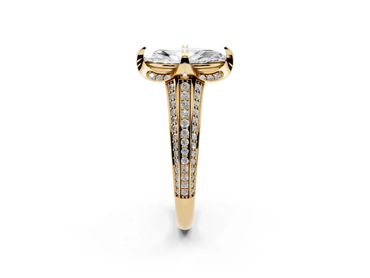 Marquise Cut Solitaire Pave Split Shank Ring with Four-Prong Setting Yellow gold