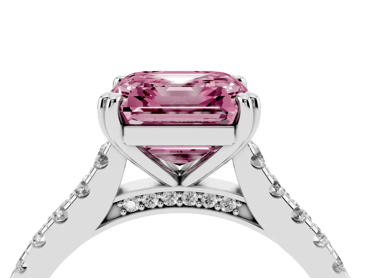 Fancy Pink Asscher Cut Solitaire Pave Diamond Engagement Ring with Prong Setting Silver