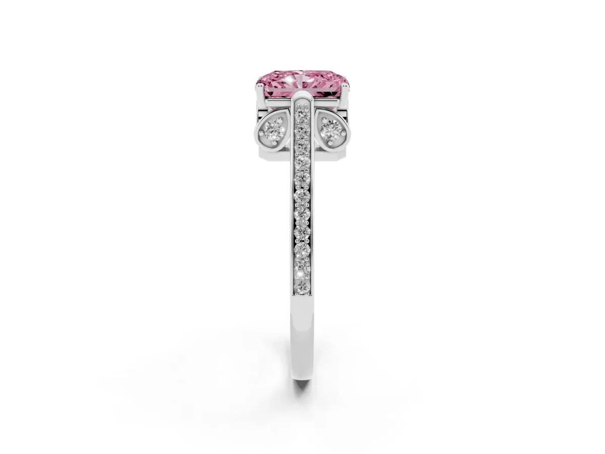 Fancy Pink Radiant Cut Cut Cathedral Pave Diamond Engagement Ring with Six-Prong Setting Platinum