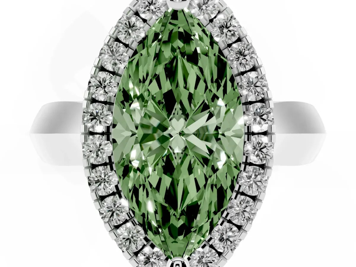Fancy Green Marquise Cut Cut Halo Solitaire Engagement Ring with Square Band and Four-Prong Setting White gold
