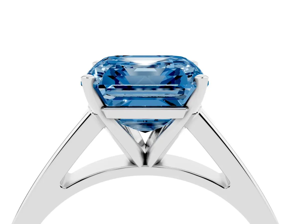 Fancy Blue Asscher Cut Solitaire Engagement Ring with Four-Prong Setting and Tapered Band Silver