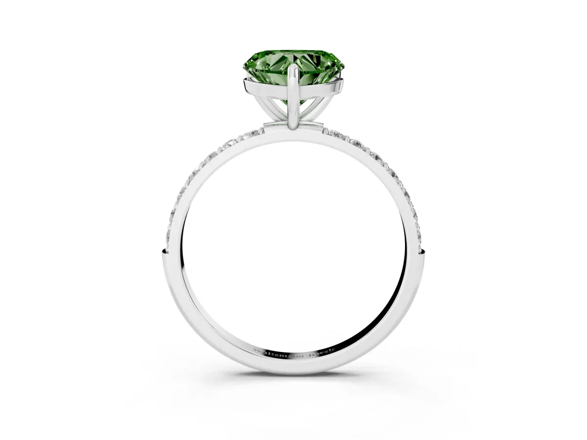 Fancy Green Heart Cut Diamond Solitaire Ring with Round Pavé Band and Prong Setting Silver
