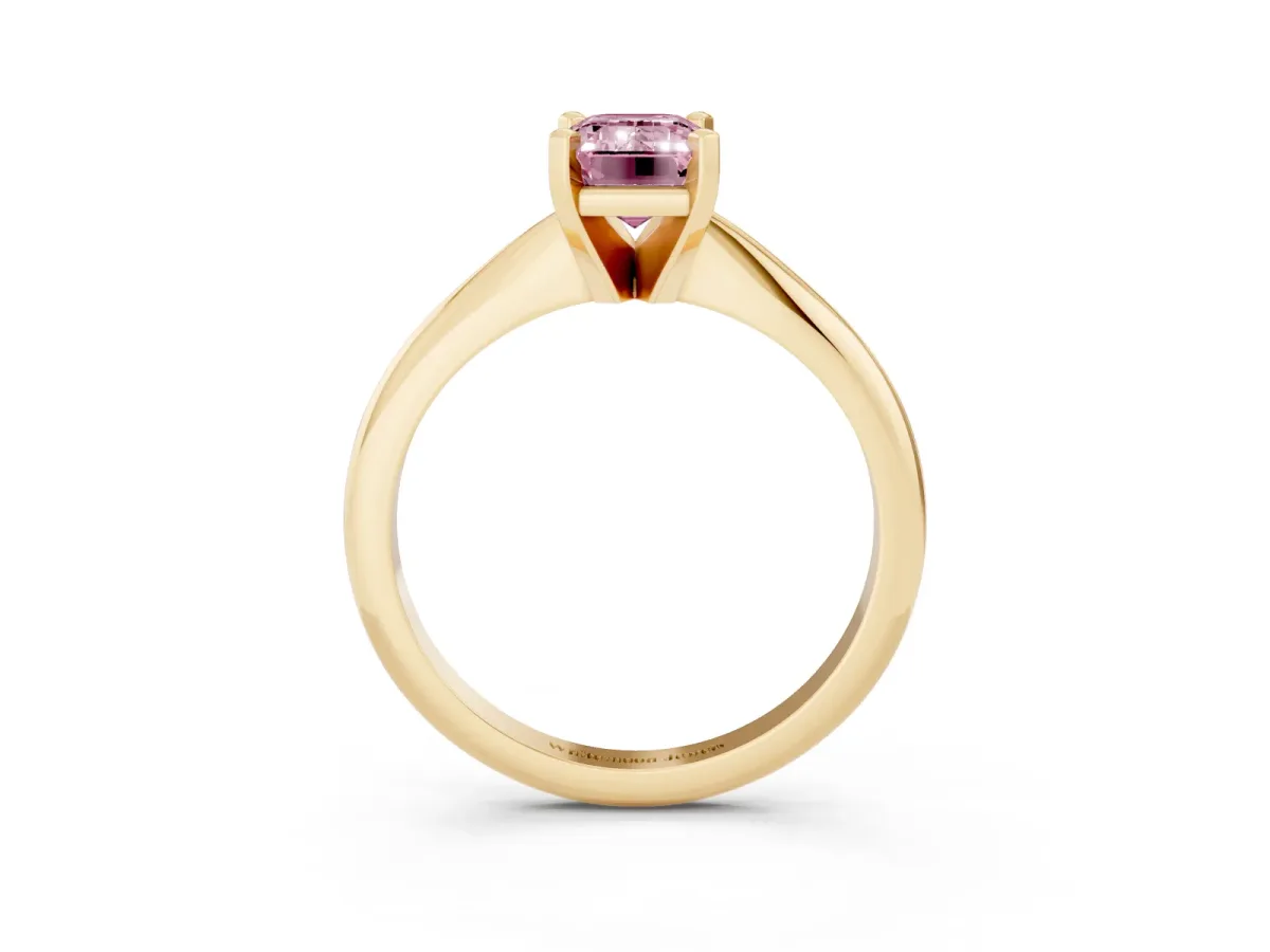 Fancy Pink Emerald Cut Cut Solitaire Ring with Four-Prong Setting on a Classic Band Yellow gold