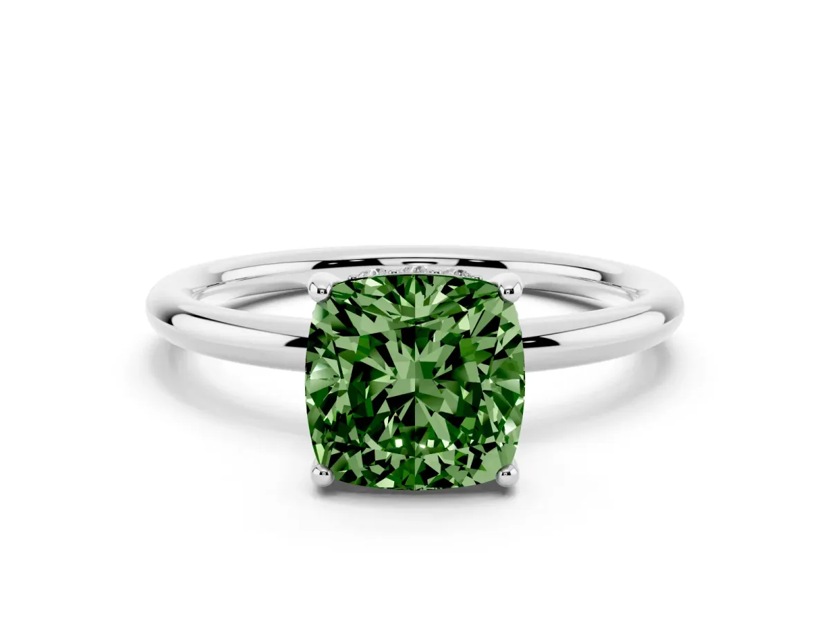 Fancy Green Cushion Cut Solitaire Diamond Ring with a Classic Band and Four-Prong Setting Silver