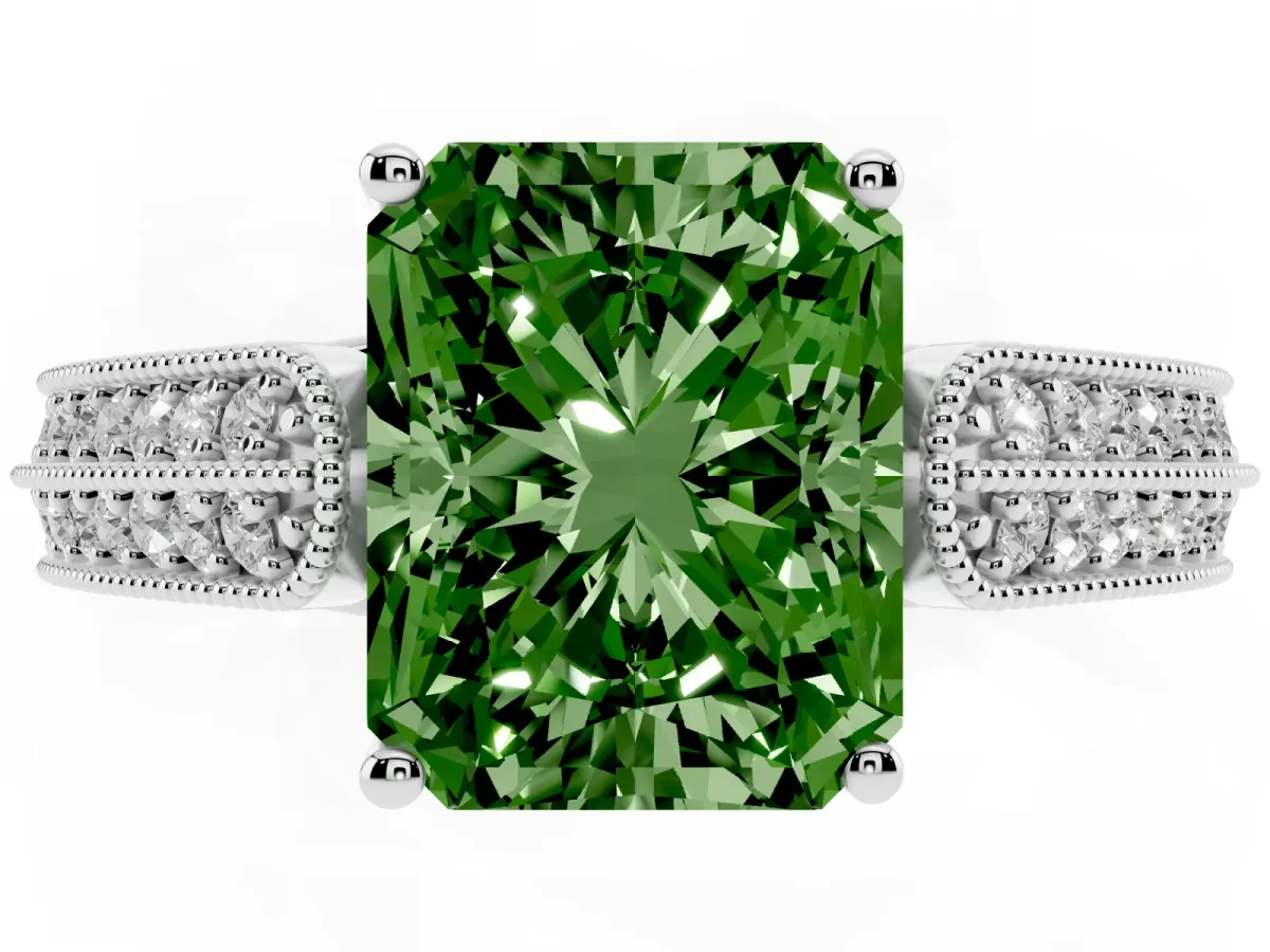 Fancy Green Radiant Cut Cut Pave Split Shank Engagement Ring with Four-Prong Setting Silver