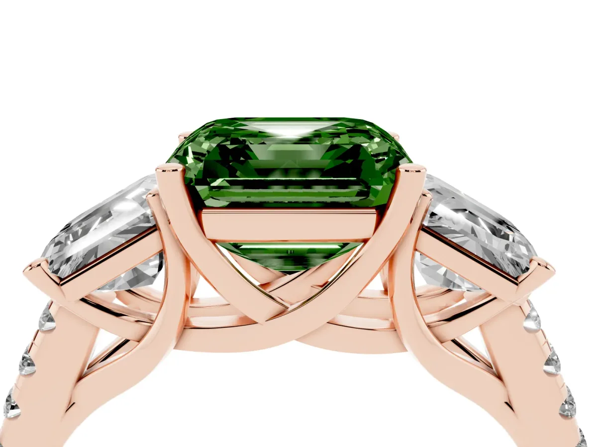 Fancy Green Three-Stone Asscher Cut Diamond Ring with Round Pavé Band and Prong Setting Rose gold