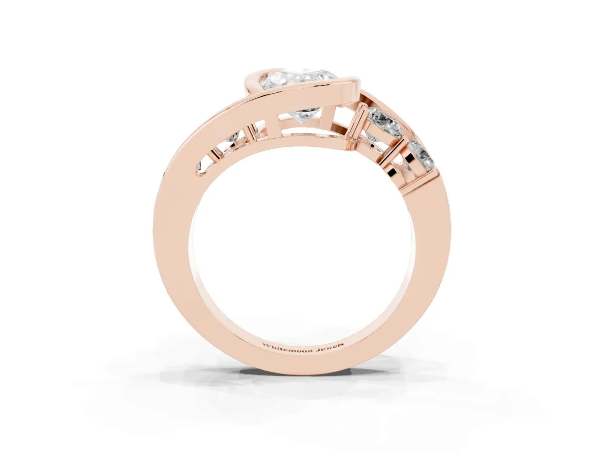 Bezel Set Oval Cut Diamond Bypass Ring with Round Accents Rose gold
