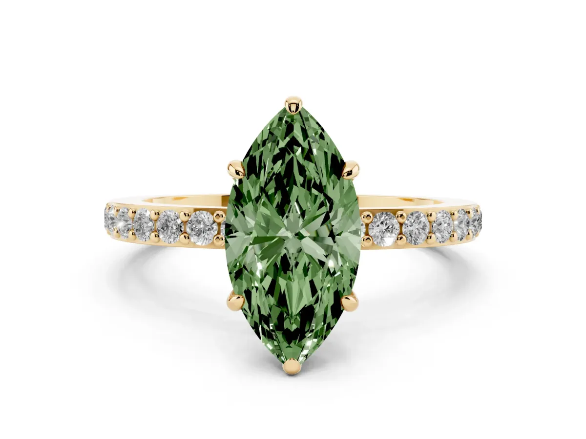 Fancy Green Marquise Cut Diamond Pavé Engagement Ring with Round Accents and Prong Setting Yellow gold