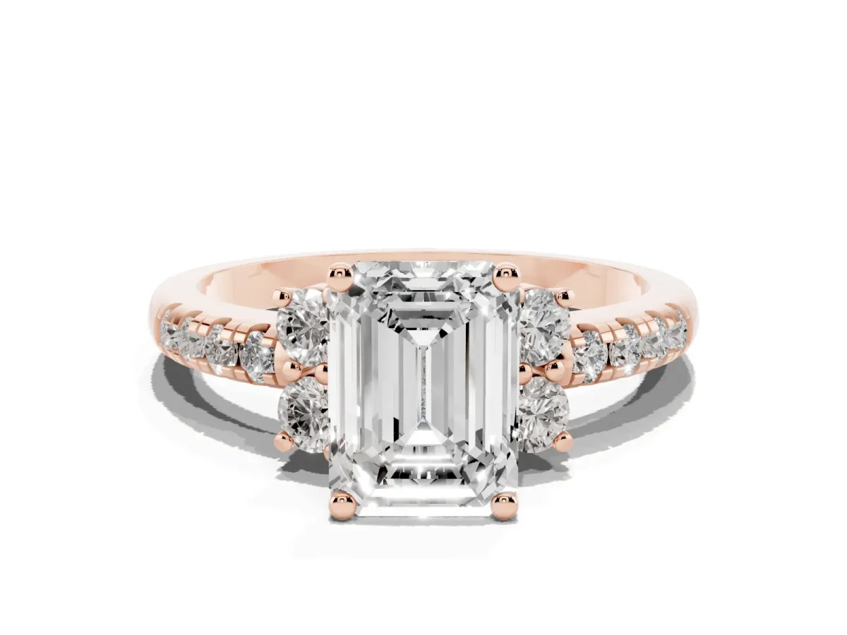 Emerald Cut Diamond Three-Stone Pave Band with Four-Prong Setting Rose gold