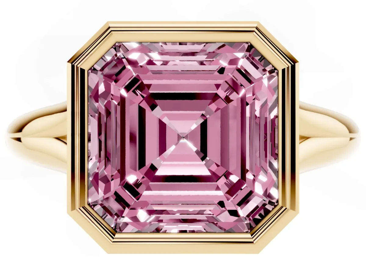 Fancy Pink Bezel Set Asscher Cut Solitaire Diamond Ring with Smooth Band Yellow gold