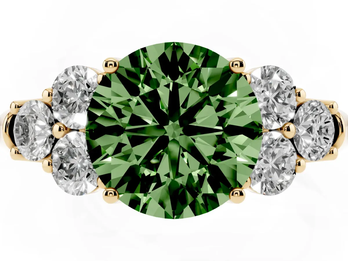 Fancy Green Round Cut Cut Diamond Cluster Ring with Round Accent Stones and Prong Setting on a Classic Band Yellow gold