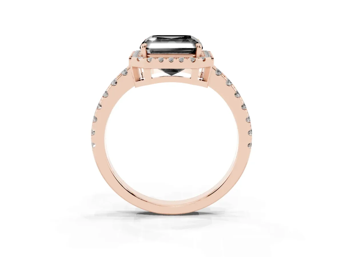Fancy Black Asscher Cut Diamond Halo Ring with Pavé Band and Four-Prong Setting Rose gold
