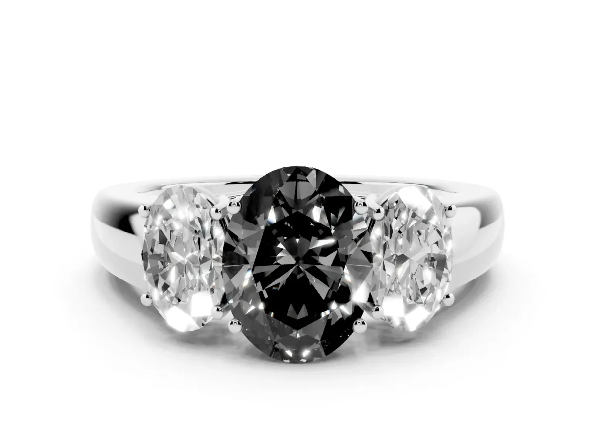 Fancy Black Three-Stone Oval Cut Cut Diamond Ring with Prong Setting and Classic Band White gold