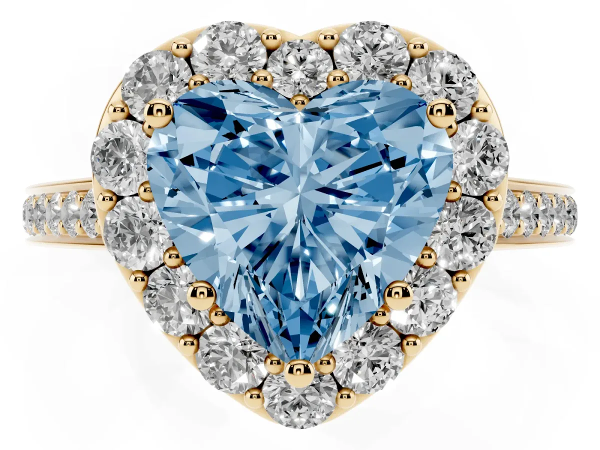 Fancy Blue Heart Cut Diamond Floral Halo Ring with Pavé Band and Prong Setting Yellow gold