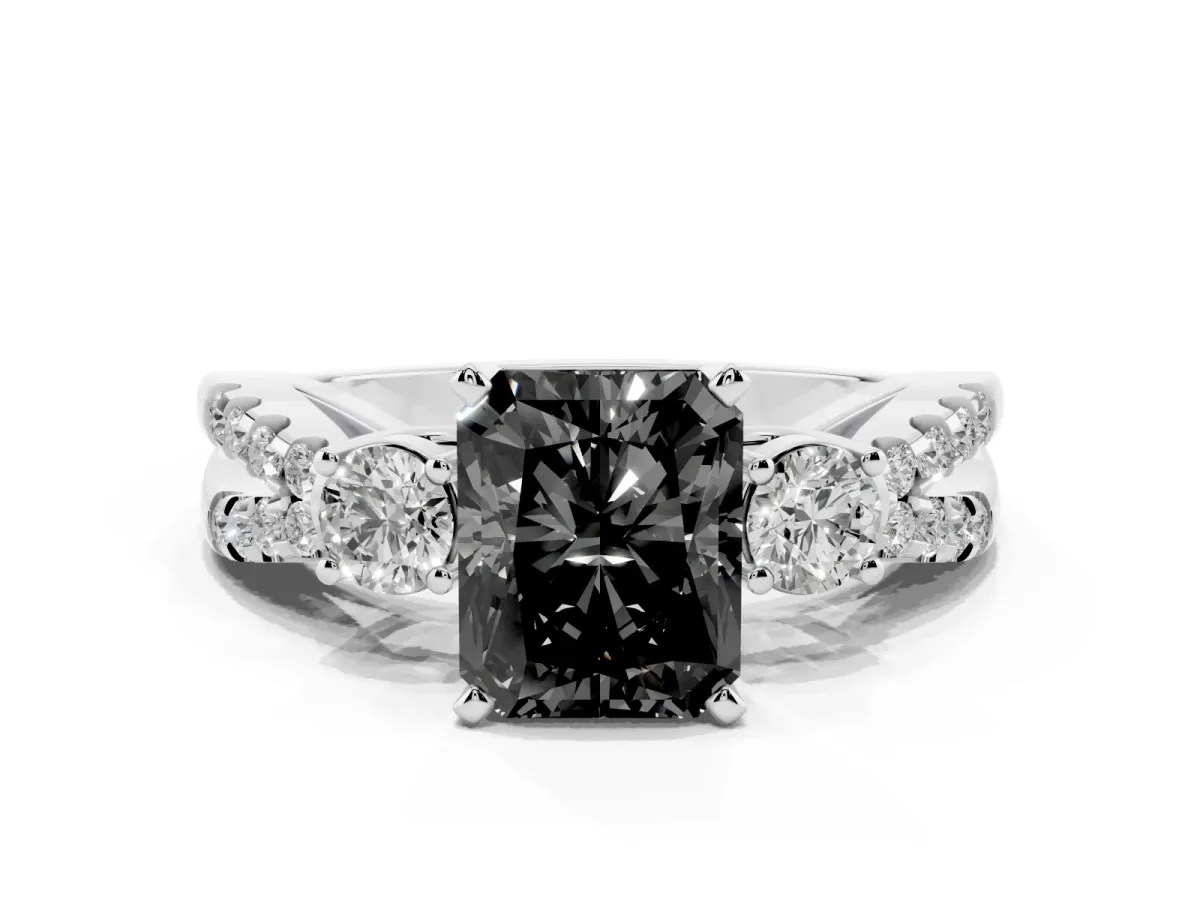 Fancy Black Radiant Cut Diamond Three-Stone Ring with Pavé Split Shank and Four-Prong Setting Silver